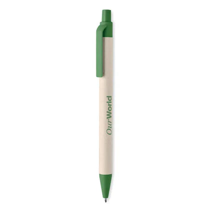 Pix din hartie din carton de lapte cu corp verde si bej, grip texturat si logo ourworld verde