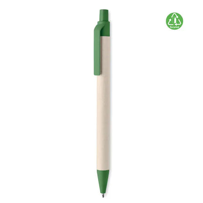 Pix din hartie din carton de lapte un pix elegant ecologic cu corp bej si accente verzi vii pe capac clip si varf