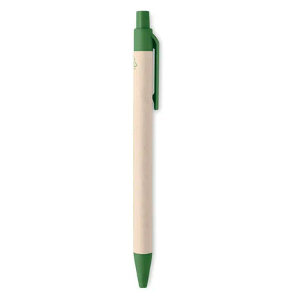 Pix din hartie din carton de lapte cu corp bej natural si accente verzi ecologic pe capac, clip si varf
