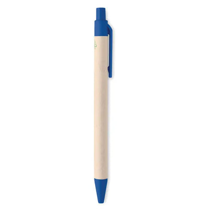 Pix din carton de lapte albastru si bej cu pix cu bila si clema din plastic
