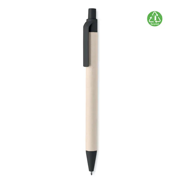 Pix din carton de lapte cu design minimalist, corp bej si negru, realizat din plastic reciclat, stilou cu bila