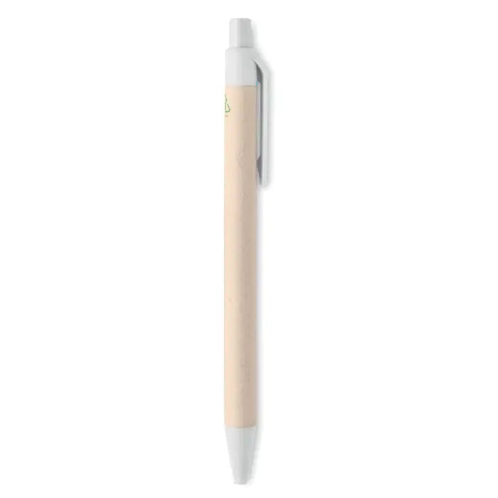 Pix din carton de lapte beige cu capac alb si clip pentru scris stilou cu bila din plastic