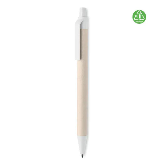 Pix din hartie din carton de lapte cu corp bej din plastic reciclat si accente albe, stil minimalist si elegant