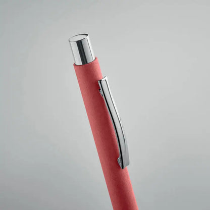 Pix din hartie reciclata cu corp coral lucios textura piele si accente cromate elegante pe capac si clips