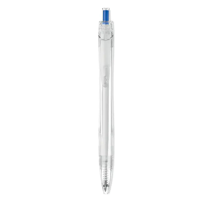 Pix rpet push pix cu corp transparent, capac albastru si accente metalice argintii, stilou cu bila plastic