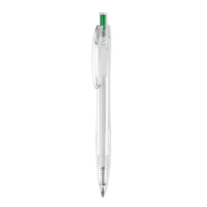 Pix rpet push pix cu corp transparent si capac verde fiind un pix cu bila din plastic sustenabil