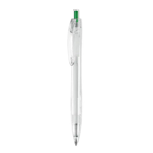 Pix rpet push pix cu corp transparent si capac verde fiind un pix cu bila din plastic sustenabil