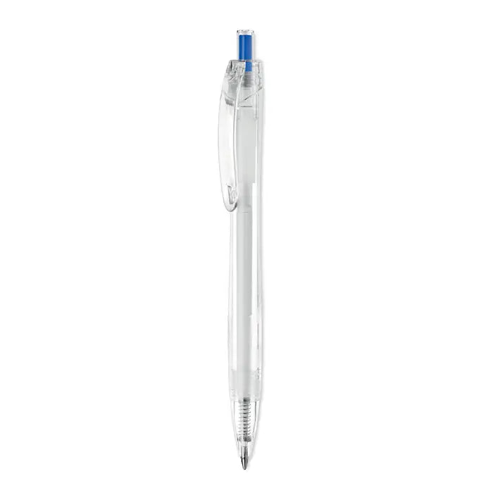 Pix rpet push pix cu corp transparent, grip albastru si clips albastru, pix din plastic reciclat transparent