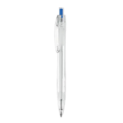 Pix rpet push pix cu corp transparent, grip albastru si clips albastru, pix din plastic reciclat transparent