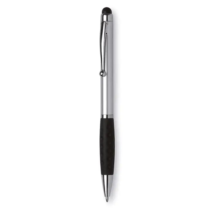 Pix stylus cu acțiune de răsucire din abs, finisaj metalic argintiu și negru cu prindere moale texturată