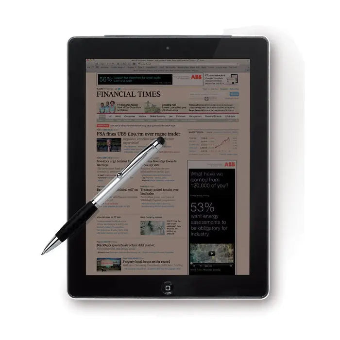 Pix stylus negru si argintiu din abs cu finisaj metalic si prindere moale pe tableta cu financial times