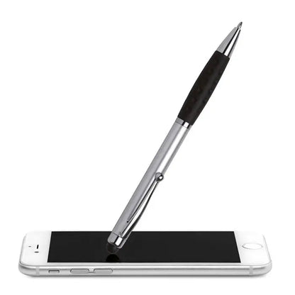 Pix stylus cu actiune de rasucire din abs, pix cu finisaj metalic argintiu si negru cu prindere moale texturata