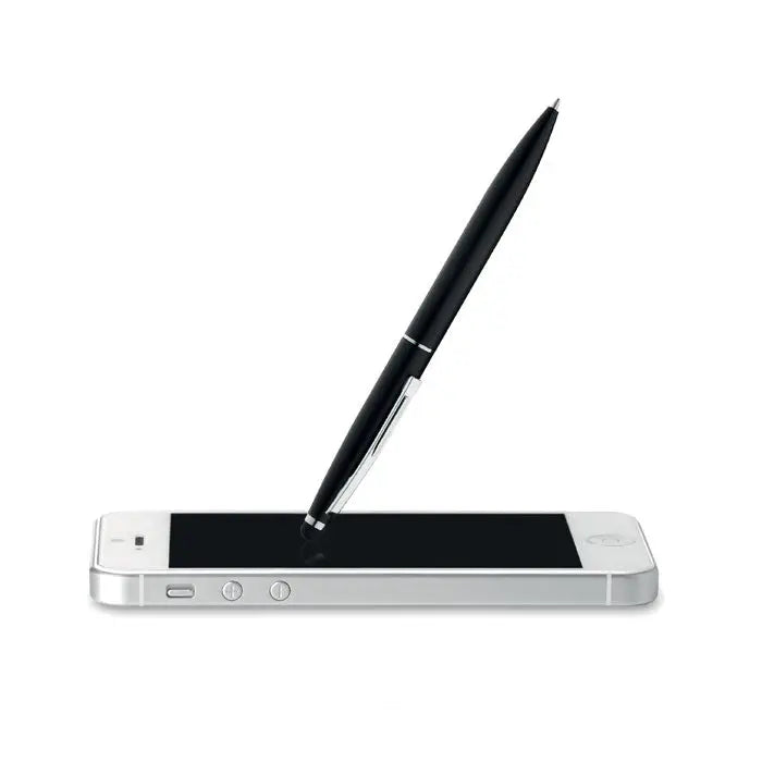 Pix tip rasucire cu varf de stilou un pix negru cu accente argintii pe un smartphone alb