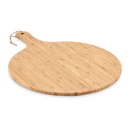 Placa de taiere 31 cm din bambus deschis la culoare cu forma rotunda si maner legat cu sfoara