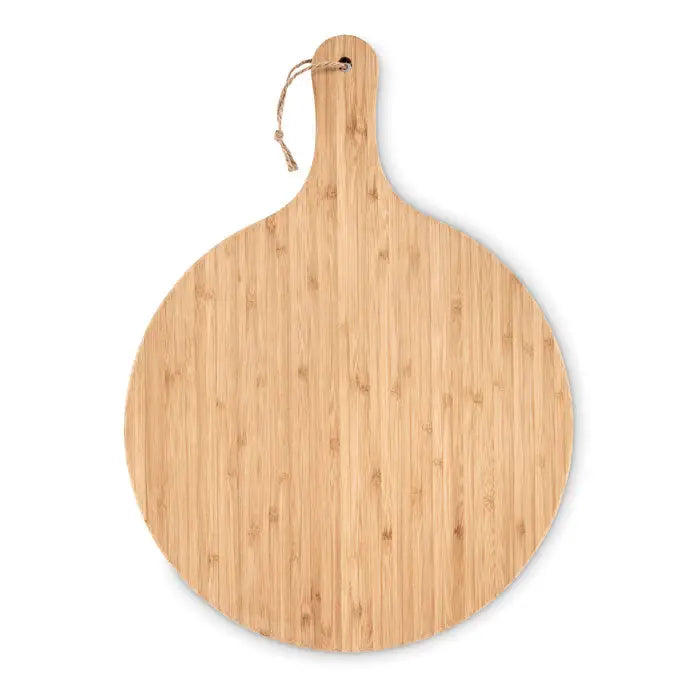 Placa de taiere 31 cm din bambus maro deschis cu forma rotunjita si maner legat cu sfoara pentru bucatarie