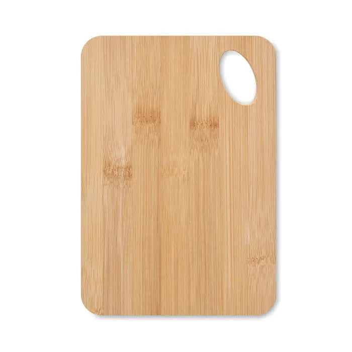 Placa de taiere din bambus maro deschis cu textura naturala neteda si maner oval decupat