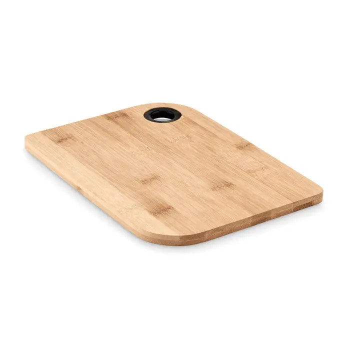 Placa de taiere din bambus maro deschis cu maner circular negru pentru taiat si servit alimente