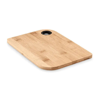 Placa de taiere din bambus maro deschis cu maner circular negru pentru taiat si servit alimente