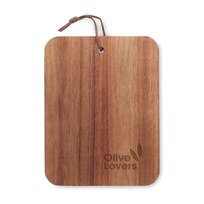 Placa de taiere din lemn de salcam cu finisaj natural si logo gravat olive lovers cu frunze de maslin