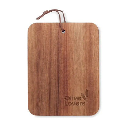 Placa de taiere din lemn de salcam cu finisaj natural si logo gravat olive lovers cu frunze de maslin