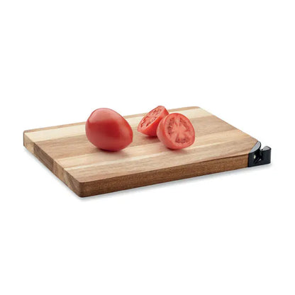 Placa de taiere din lemn de salcam dreptunghiulara cu ascutitor de cutite integrat negru in colt