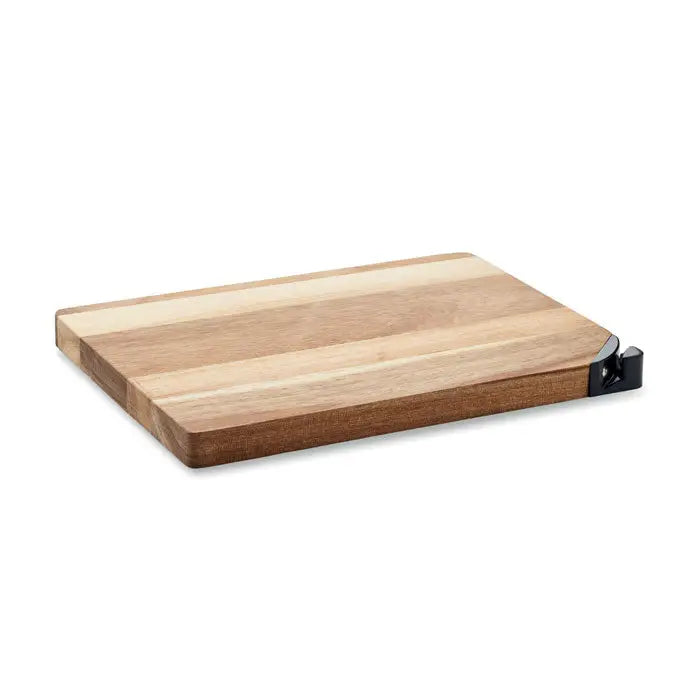 Placa de taiere din lemn de salcam dreptunghiulara cu dungi deschise si inchise si ascutitoare neagra in colt