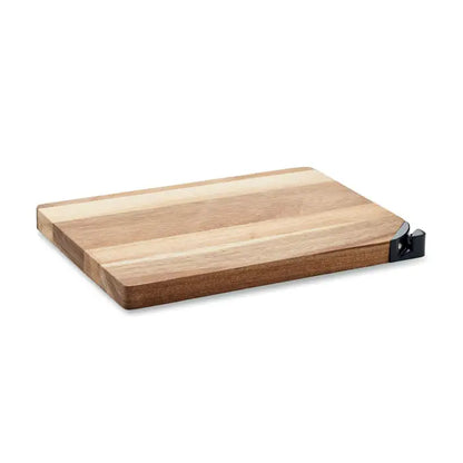 Placa de taiere din lemn de salcam dreptunghiulara cu dungi deschise si inchise si ascutitoare neagra in colt