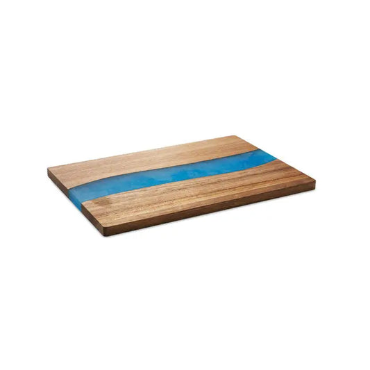 Placa de taiere din lemn de salcam cu rasina albastra vibranta tip rau in centru rectangulara