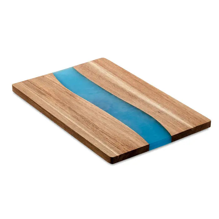 Placa de taiere din lemn de salcam dreptunghiulara cu design curgator albastru din rasina pentru bucatarie