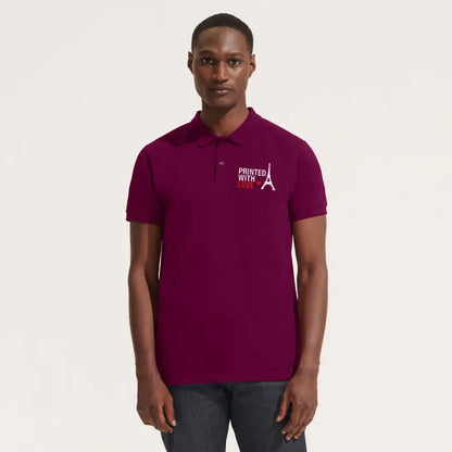 Tricou polo planet men 170g maro cu broderie alba turnul eiffel si text printed with love pe piept