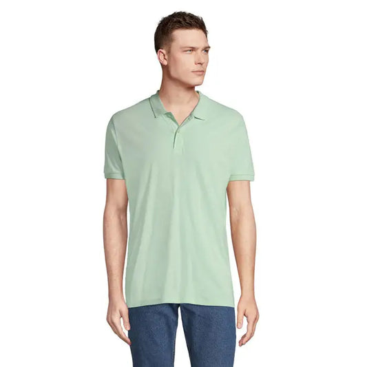 Tricou polo planet men ușor verde deschis cu mâneci scurte, guler clasic și nasturi, 170g, material confortabil