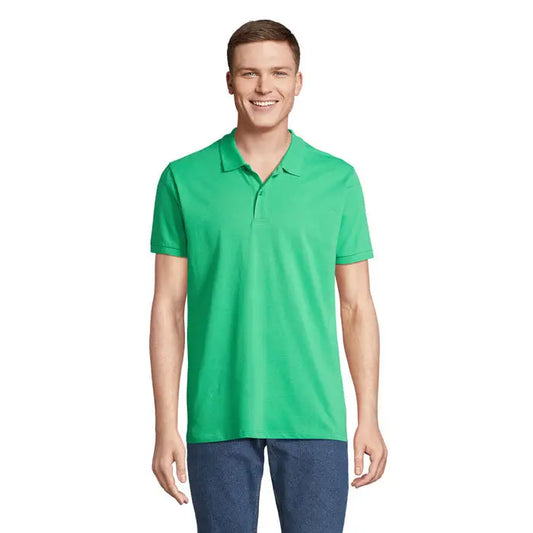 Tricou polo planet men verde aprins cu mânecă scurtă din bumbac 170g și guler clasic cu nasturi