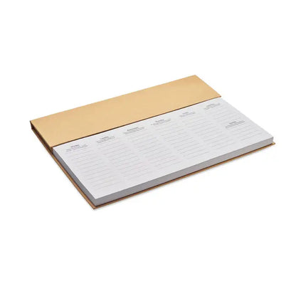 Planificator saptamanal desktop auriu cu coperta cartonata si pagini dictandate pentru programare zilnica