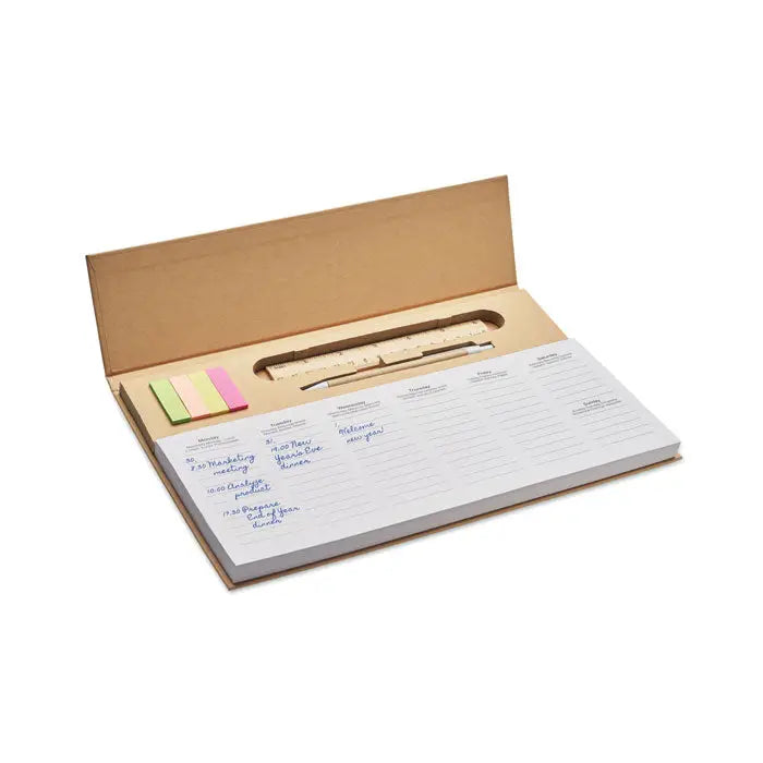 Planificator saptamanal desktop din carton bej cu suport pentru notite, notepad liniat si pix colorat