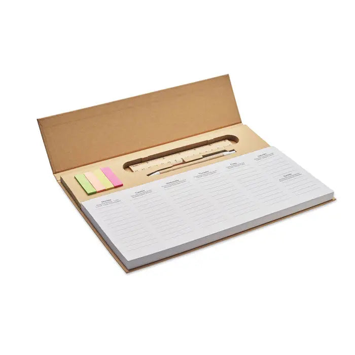 Brown kraft organizer pentru birou planificator saptamanal cu blocnotes alb cu linii, notite colorate si pix