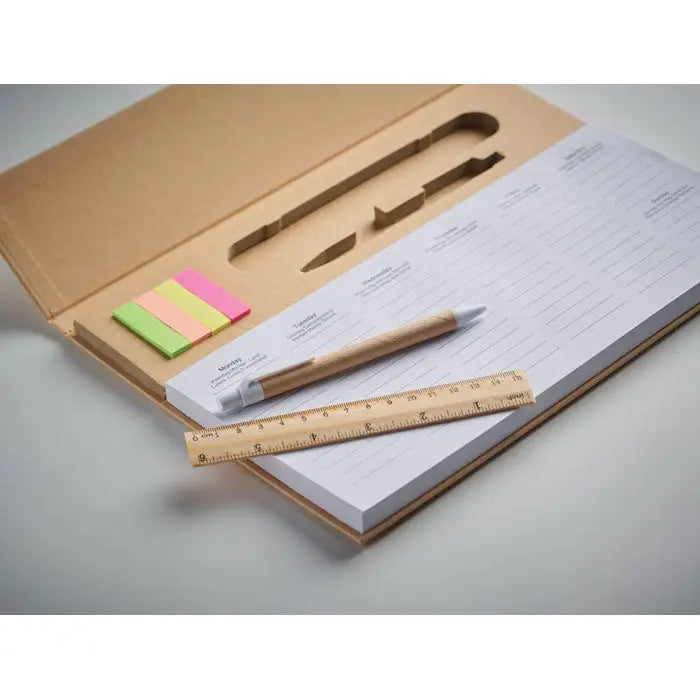 Planificator saptamanal desktop cu pix din lemn cu grip alb si capac eco-friendly
