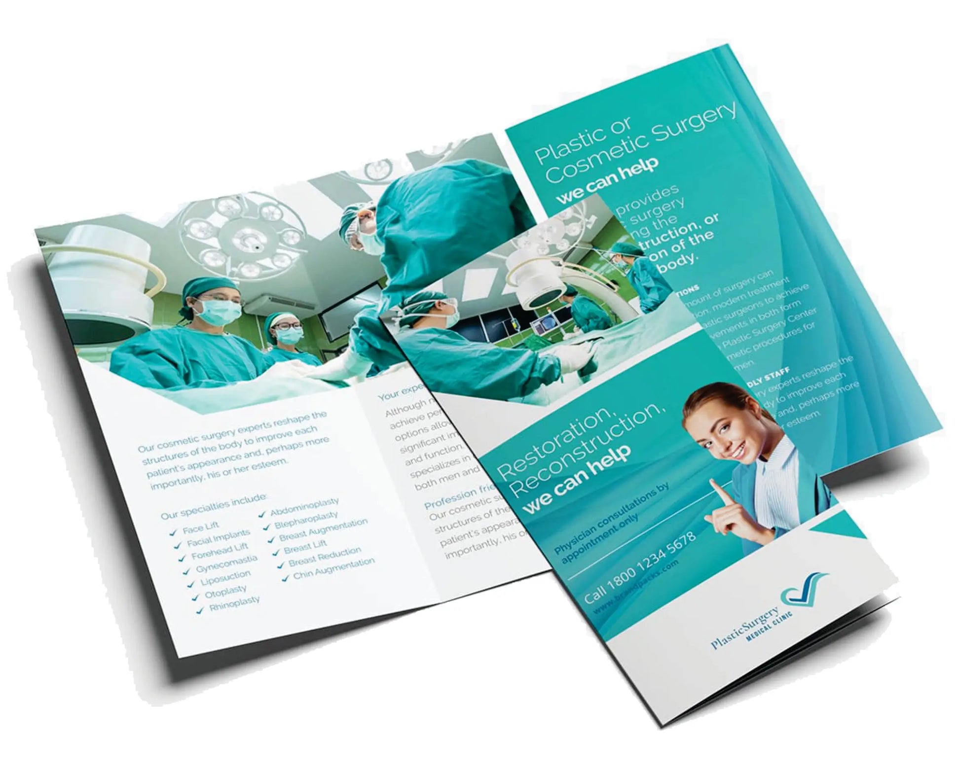 Broșură tri-fold teal și alb pentru clinică de chirurgie plastică sau estetică pliante a4 fata-verso