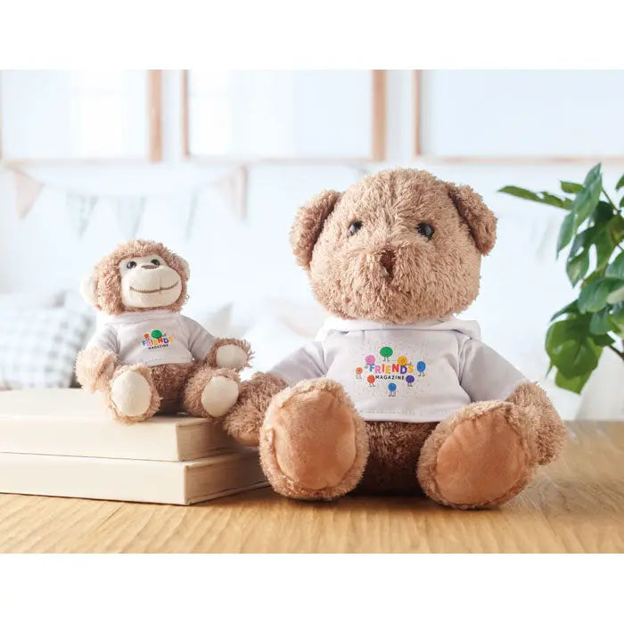Plus de maimuta de plus brown plush teddy bear cu hanorac alb si logo colorat friends magazine