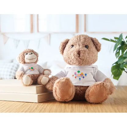 Plus de maimuta de plus brown plush teddy bear cu hanorac alb si logo colorat friends magazine