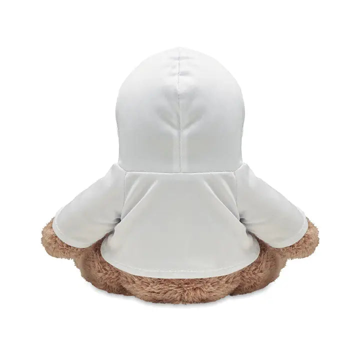 Urs de plus cu blana maro pufoasa si jacheta alba cu gluga din material pufos