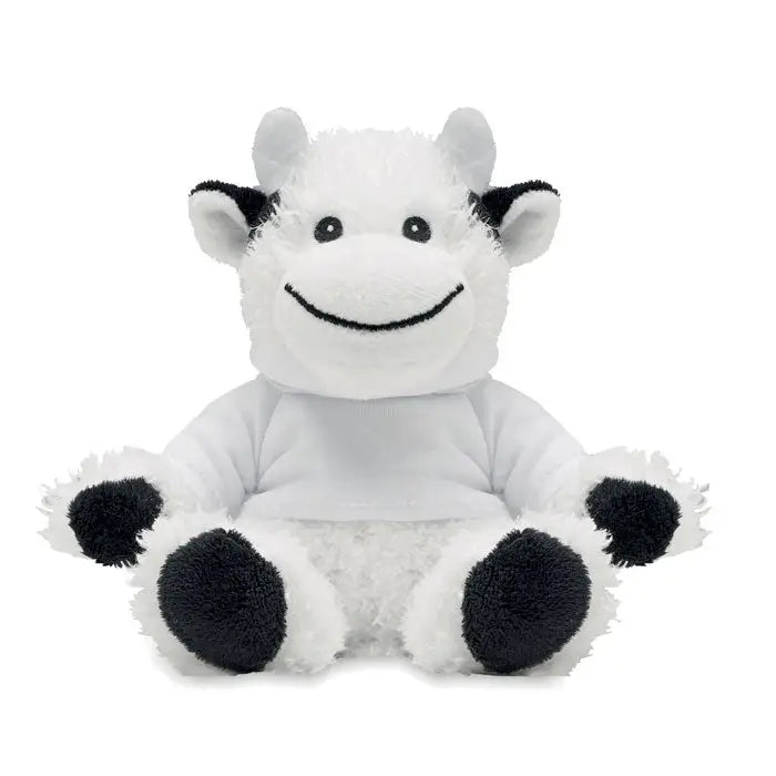 Plus de vaca de plus un plus de vaca moale alb cu pete negre pe urechi si picioare si fata zambitoare