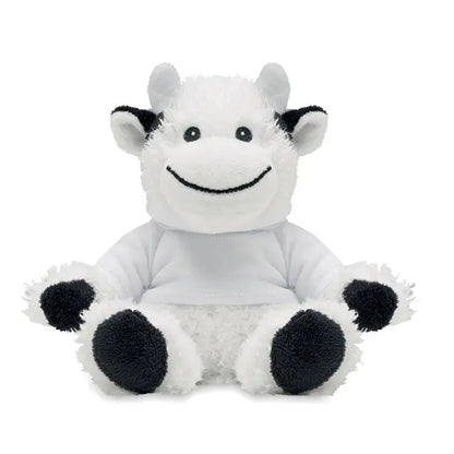 Plus de vaca de plus un plus de vaca moale alb cu pete negre pe urechi si picioare si fata zambitoare