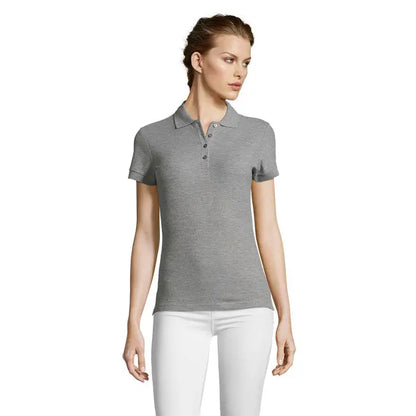 Tricou polo damă people gri melanj cu mâneci scurte, guler clasic și nasturi la decolteu
