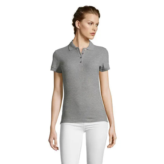 Tricou polo polo 210 de dama people gri melanj cu maneci scurte, guler clasic si nasturi pe partea frontala