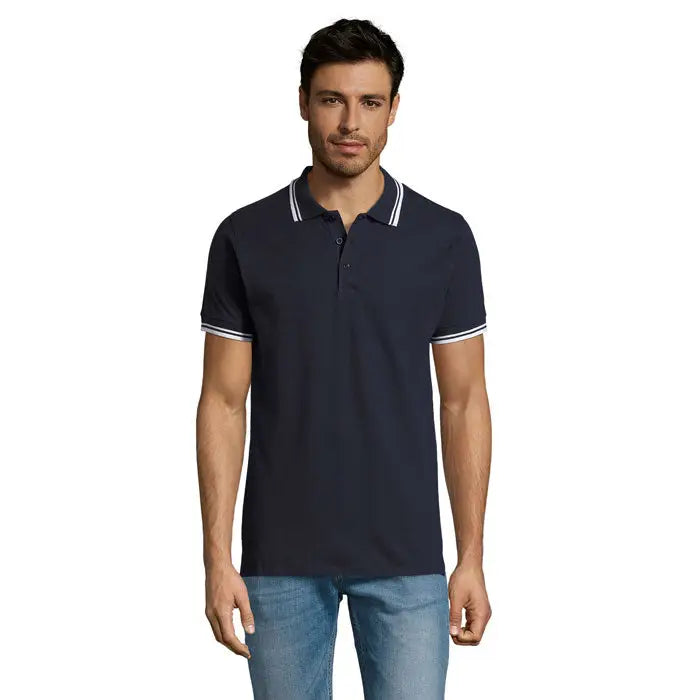 Polo barbati pasadena 200 bleumarin cu tiv alb la guler si maneci din material bumbac premium