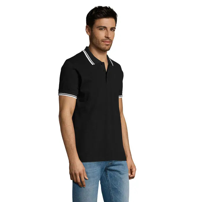 Black polo shirt barbati Pasadena 200 with white trim on collar and sleeve cuffs, perfect for casual wear