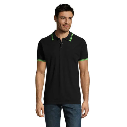 Polo barbati pasadena 200 tricou polo negru cu terminații neon verzi la guler și manșete