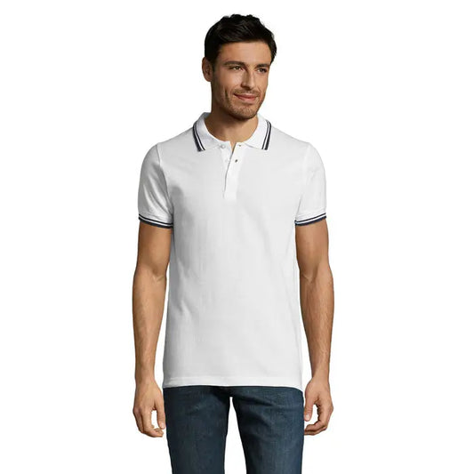 Tricou polo barbati pasadena 200 alb cu garnitura dungi navy si alb la guler si maneci