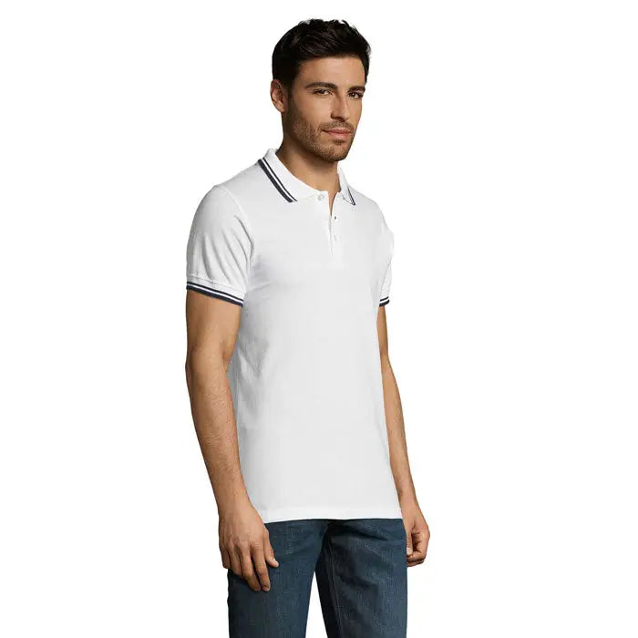 Tricou polo barbatesc pasadena 200 alb cu margini bleumarin la guler si maneci din bumbac
