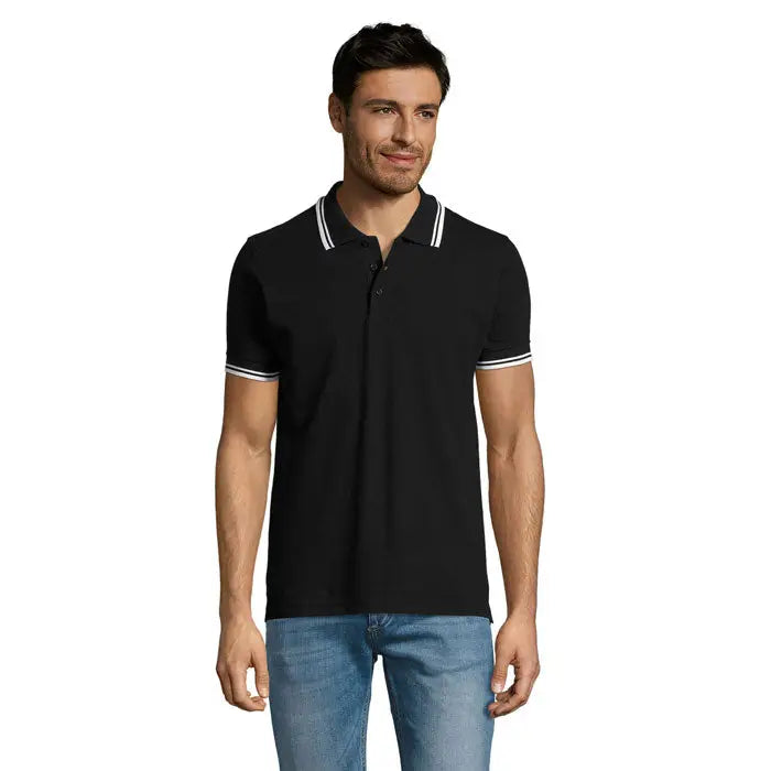Tricou polo barbati pasadena 200 negru cu garnituri albe si bleumarin la guler si maneci
